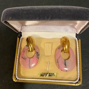 Vintage Genuine Rhodonite Oval “Door Knocker” Earrings; New Old Stock w/giftbox